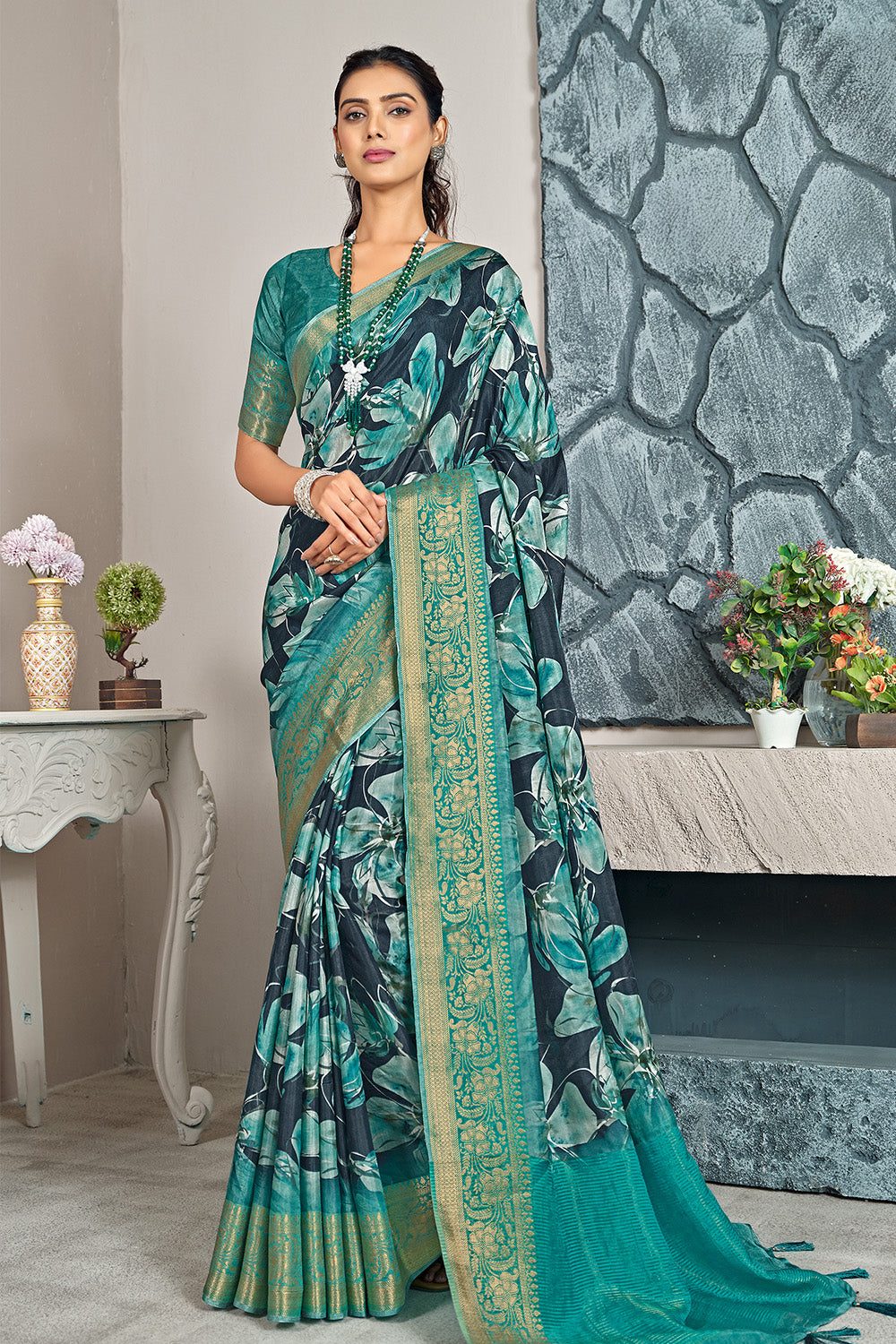 Sea Turtle Green Color Printed & Woven Modal Silk Saree