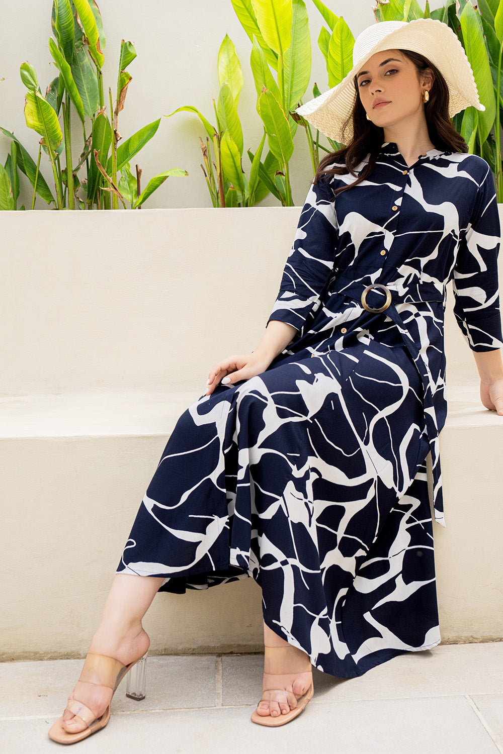 Navy Blue Color Rayon Printed Peonies Dress