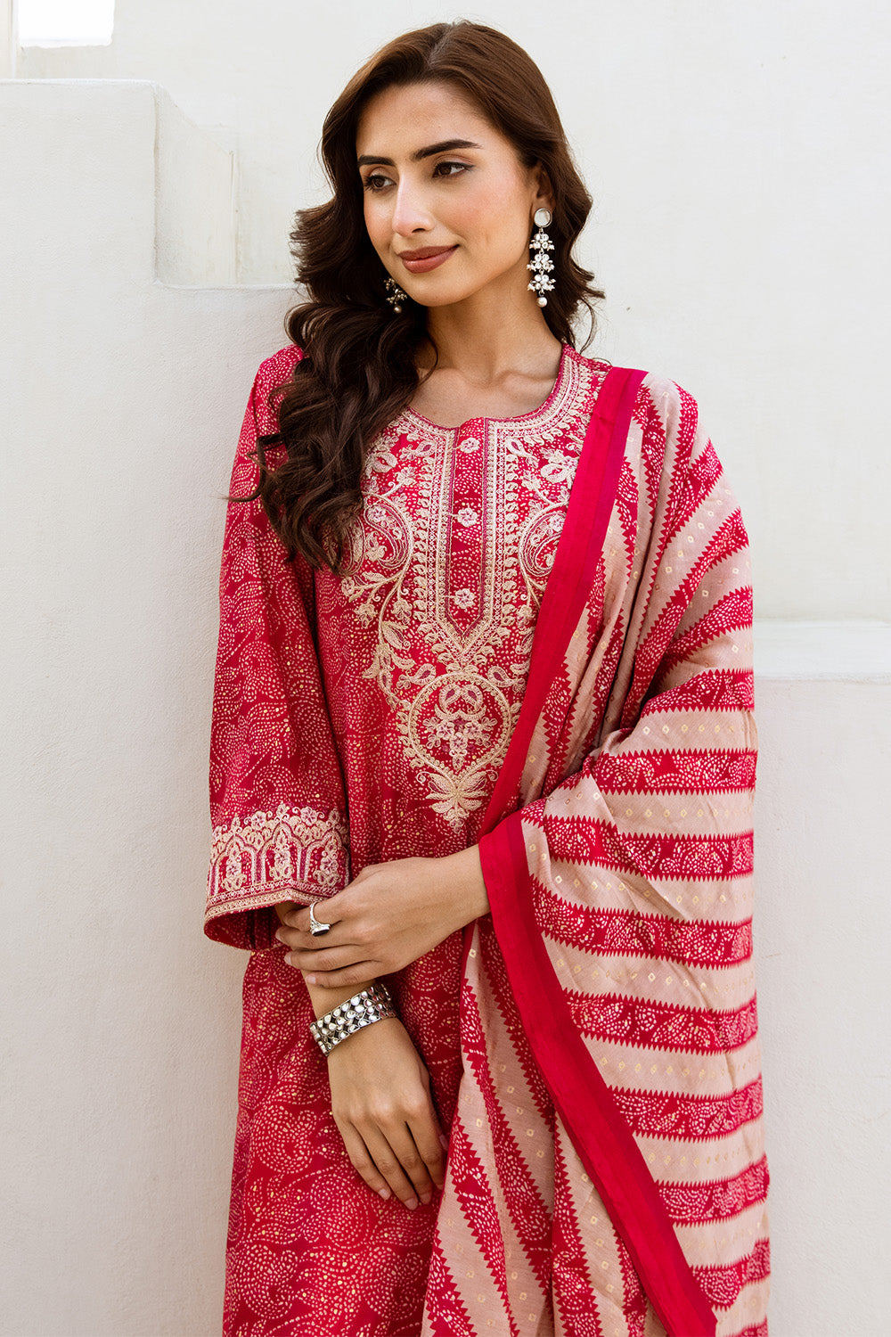 Fuchsia Pink Printed & Neck Embroidered Straight Suit