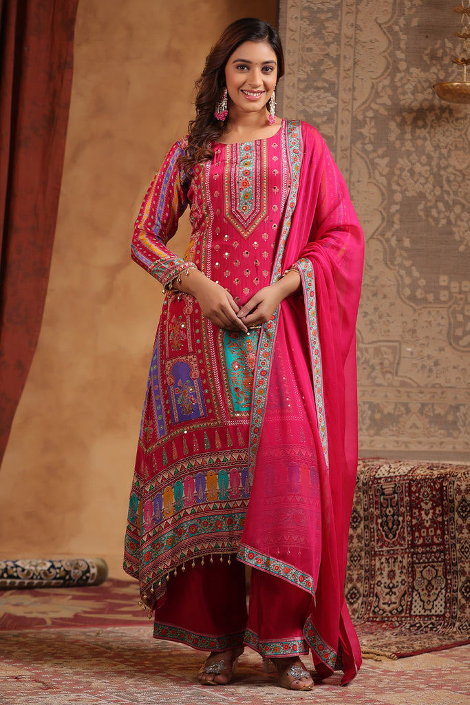 Magenta Pink  Color Crepe Printed Suit