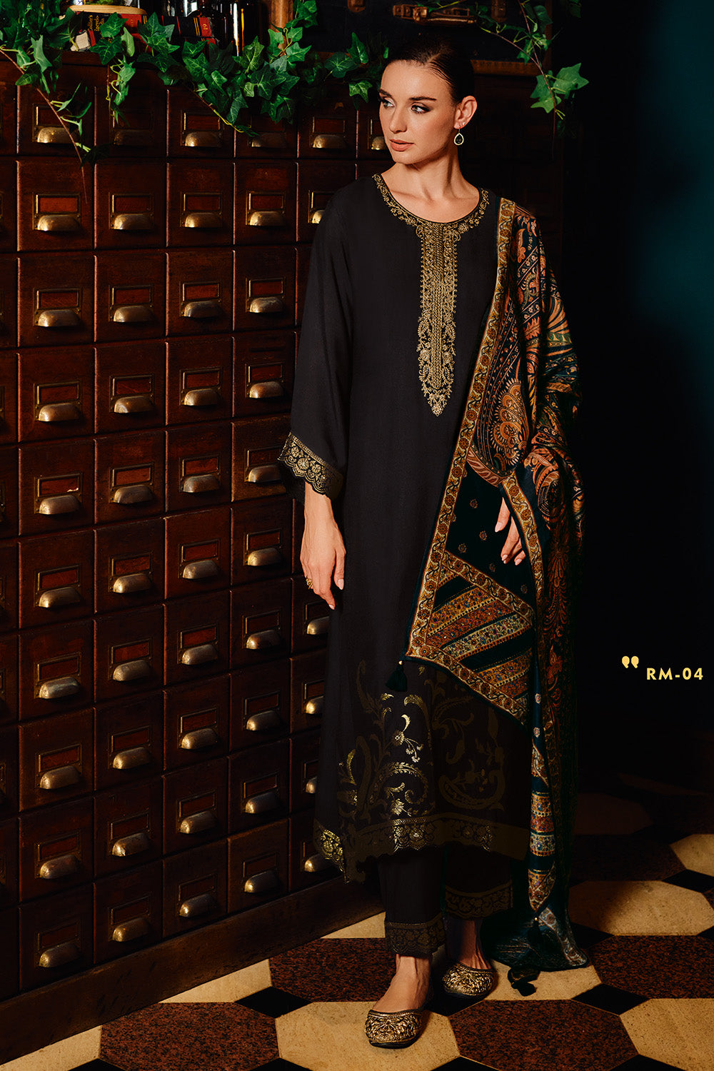 Black Color Pashmina Neck Embroidered Unstitched Suit