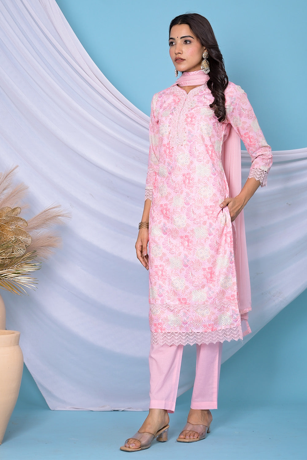 Pink Color Cotton Hakoba Style Printed Straight Suit