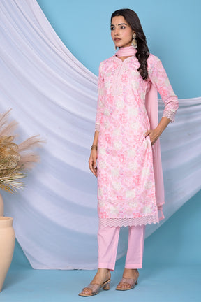 Pink Color Cotton Hakoba Style Printed Straight Suit