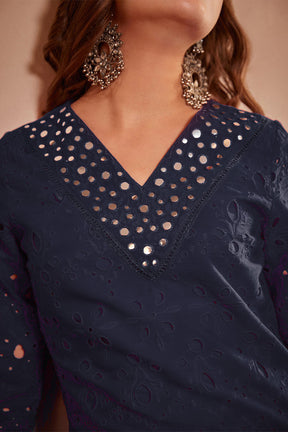 Navy Color Cotton Embroidered Kurta Set