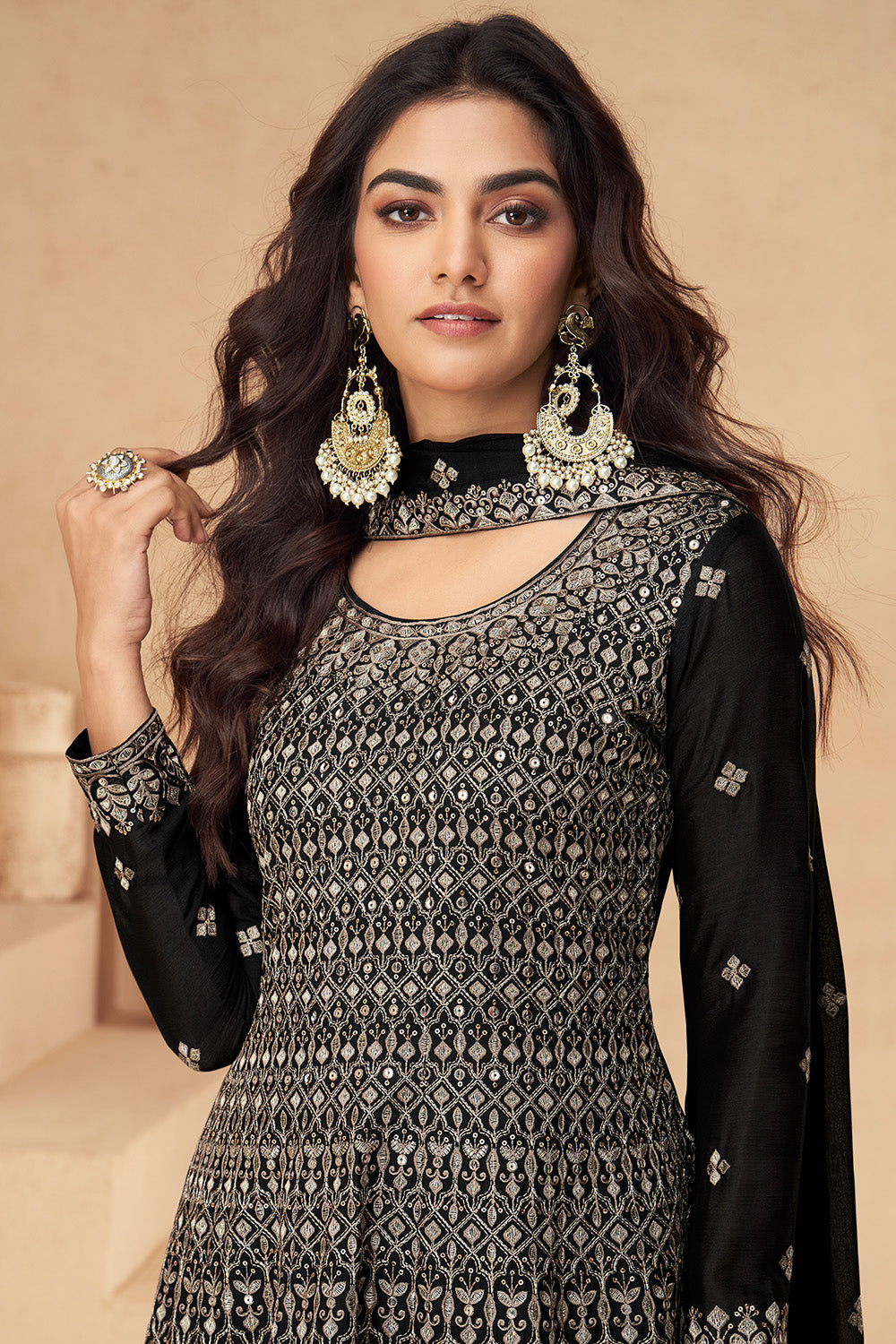 Black Color Crepe Embroidered Suit With Palazzo