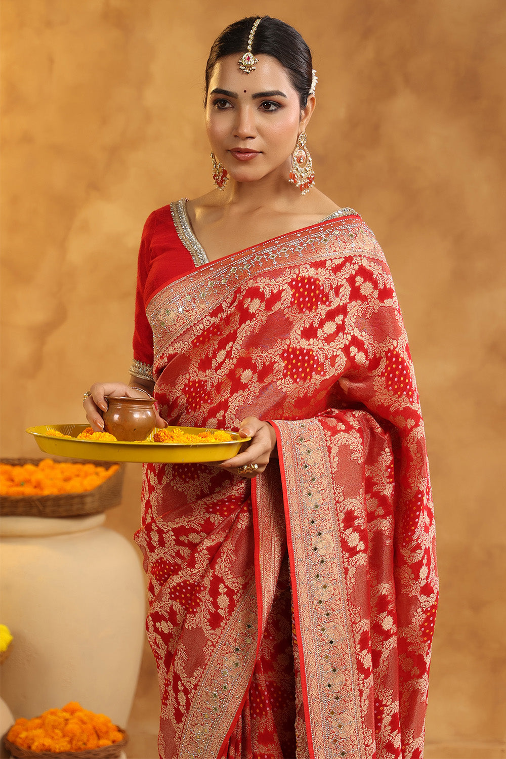 Red Color Khhadi Georgette Woven Saree