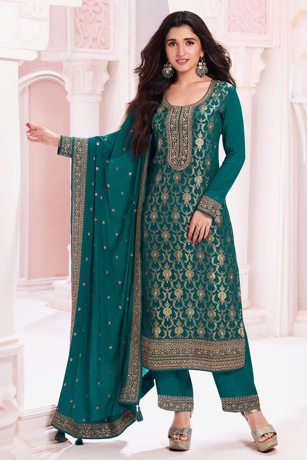 Teal Color Zari Embroidered Banarasi Silk Unstitched Suit Fabric