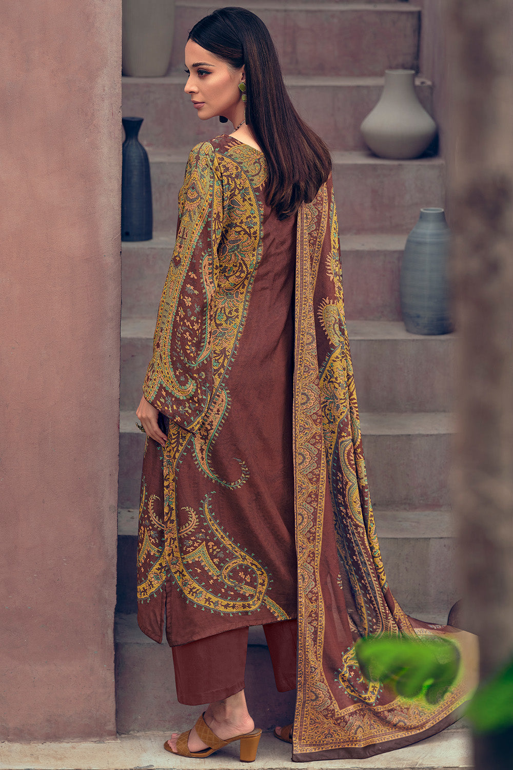 Brown Color Digital Printed Muslin Unstitched Suit Fabric