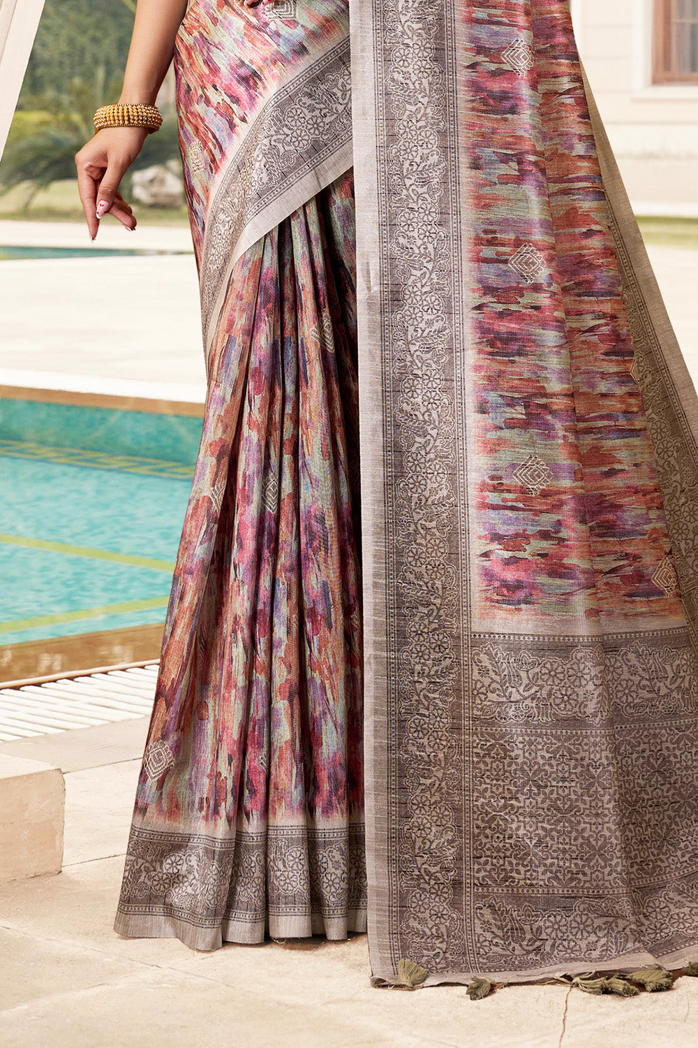 Beige & Magenta Color Cotton Silk Printed Saree