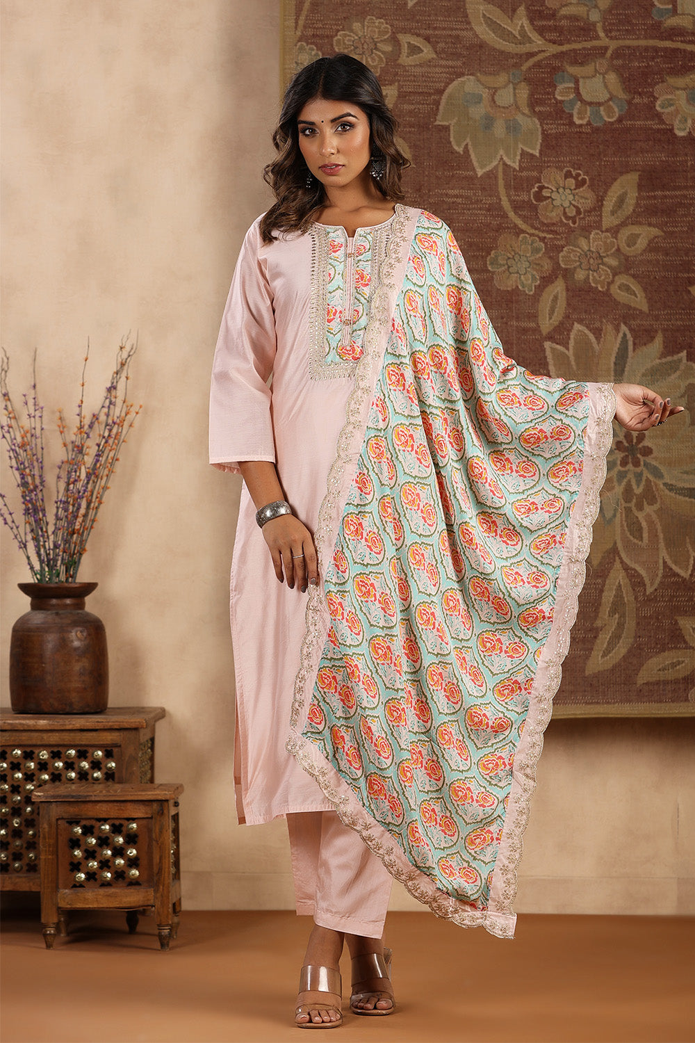 Light Pink Color Chanderi Neck Embroidered Suit