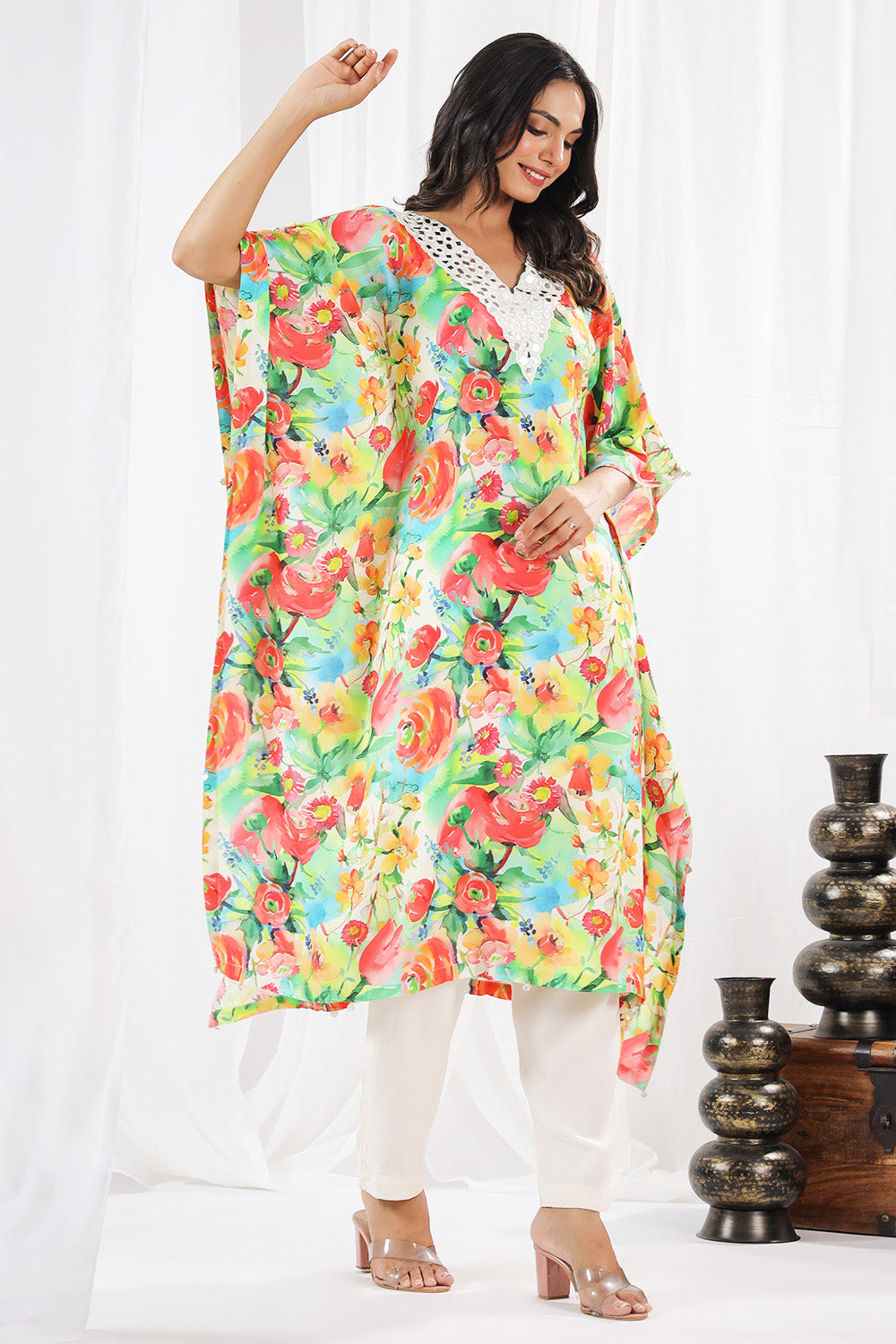 Green Color Muslin Printed Kaftan Set