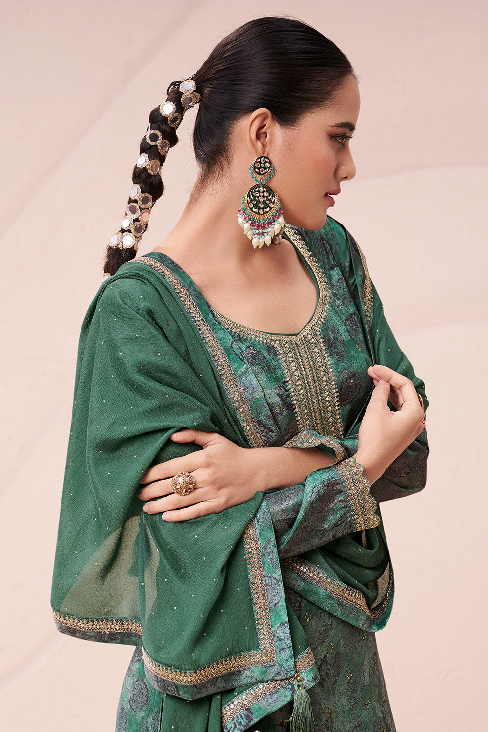 Green Color Chinon Silk Printed and Embroidered Unstitched Suit Material