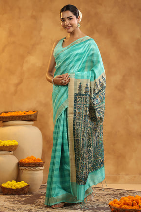 Turquoise Color Cotton Printed Saree