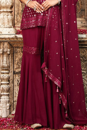 Dark Scarlet Color Georgette Embroidered Suit With Gharara