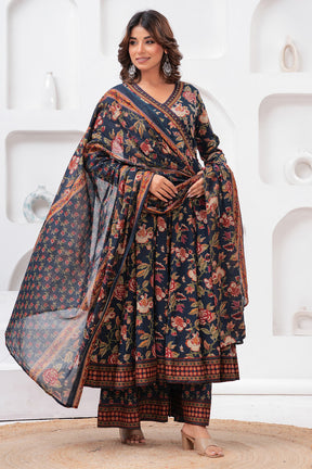 Navy Color Floral Printed Cotton Anarkali Suit With Palazzo