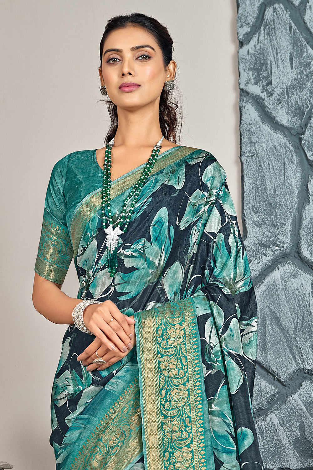 Sea Turtle Green Color Printed & Woven Modal Silk Saree