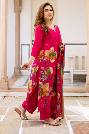 Raspberry Color Floral Printed Muslin Suit