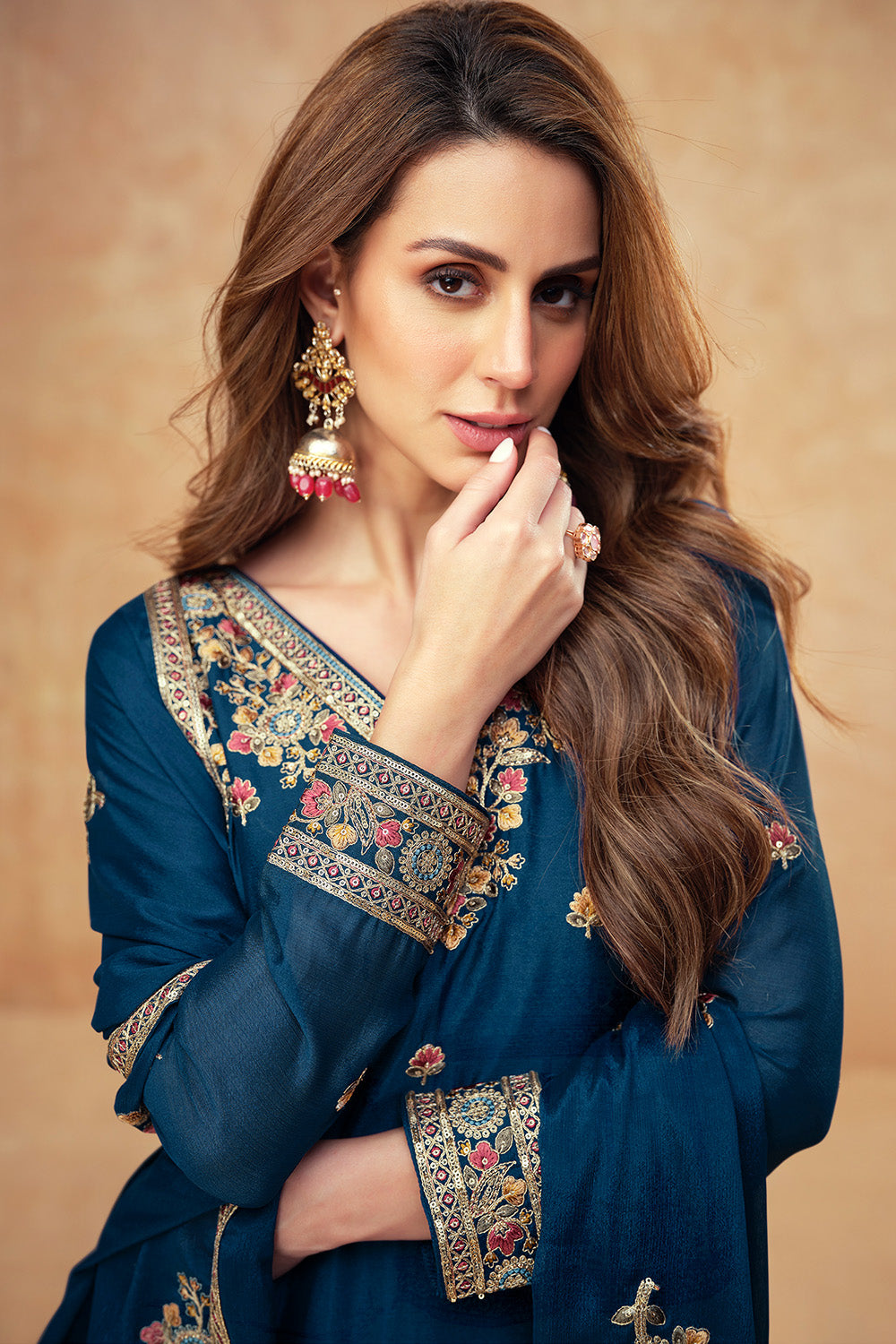 Navy Color Crepe Silk Embroidered Suit With Embroidered Palazzo