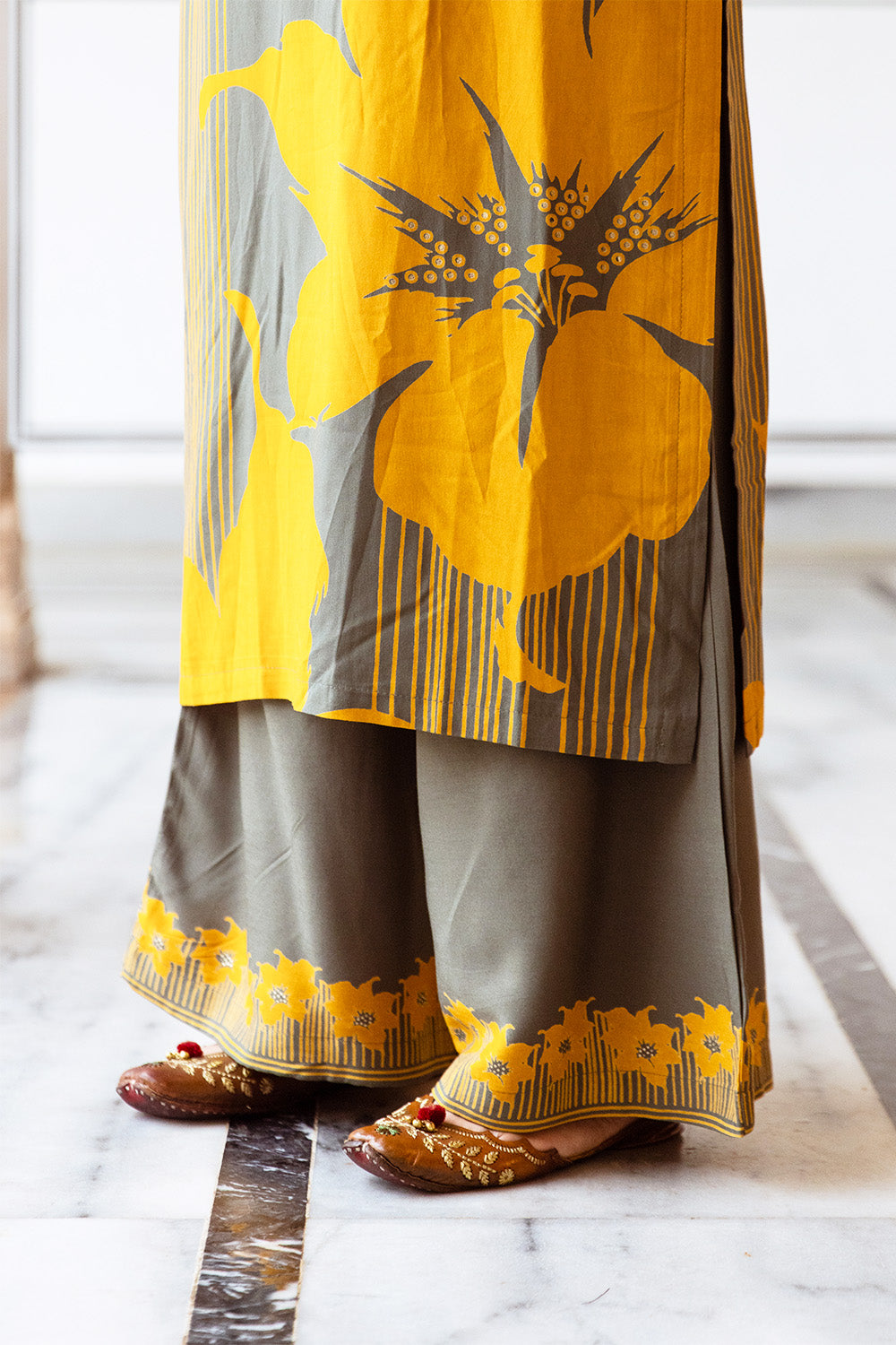 Mustard Color Floral Rayon Printed Kurta Set With Palazzo