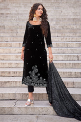 Black Color Velvet Resham Embroidered Unstitched Suit Fabric