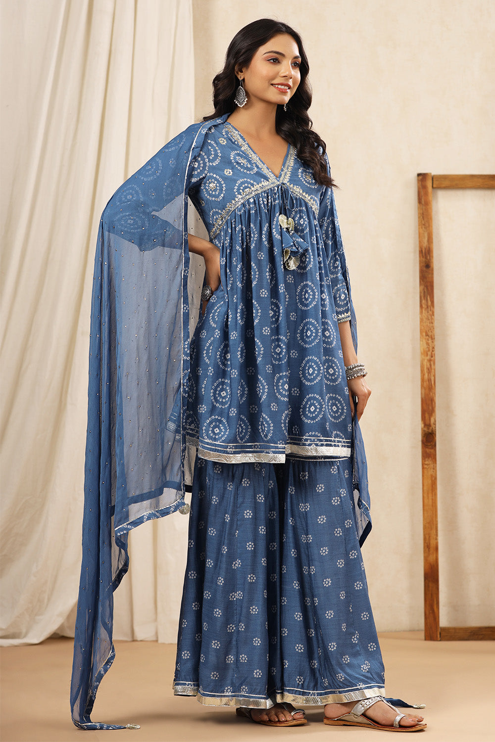 Blue Bayoux Color Crepe Silk Bhandhani Printed Alia-Cut Suit With Gharara