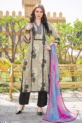 Black & Beige Color Muslin Printed Unstitched Suit Material