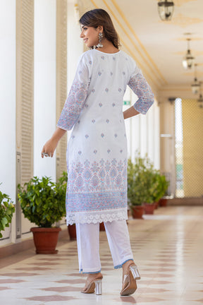 White & Blue Color Printed Cotton Suit