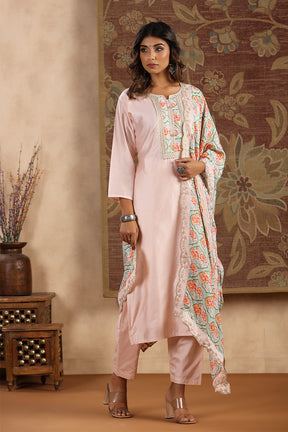 Light Pink Color Chanderi Neck Embroidered Suit