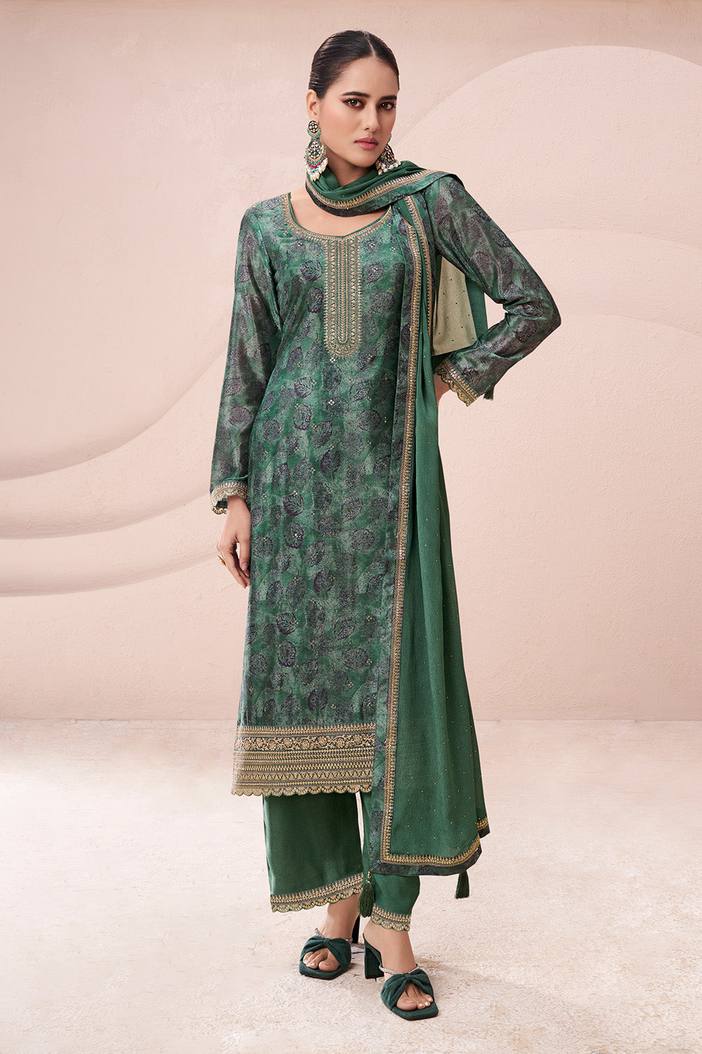 Green Color Chinon Silk Printed and Embroidered Unstitched Suit Material