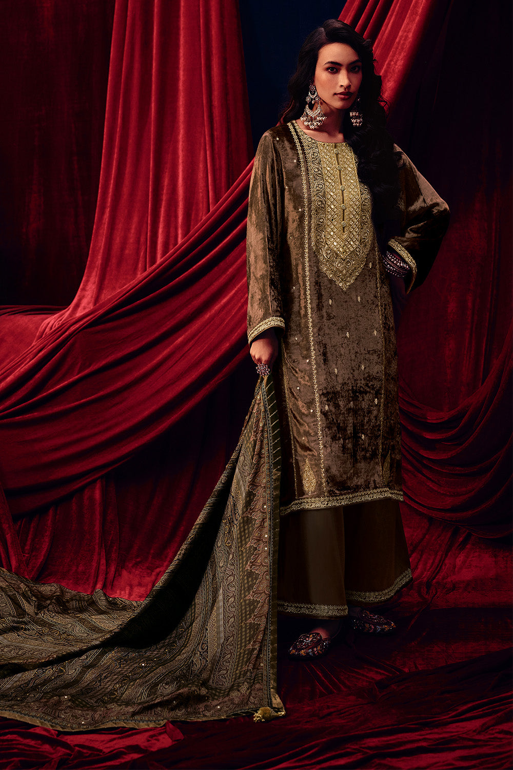 Brown Color Zari Embroidered Velvet Unstitched Suit Fabric