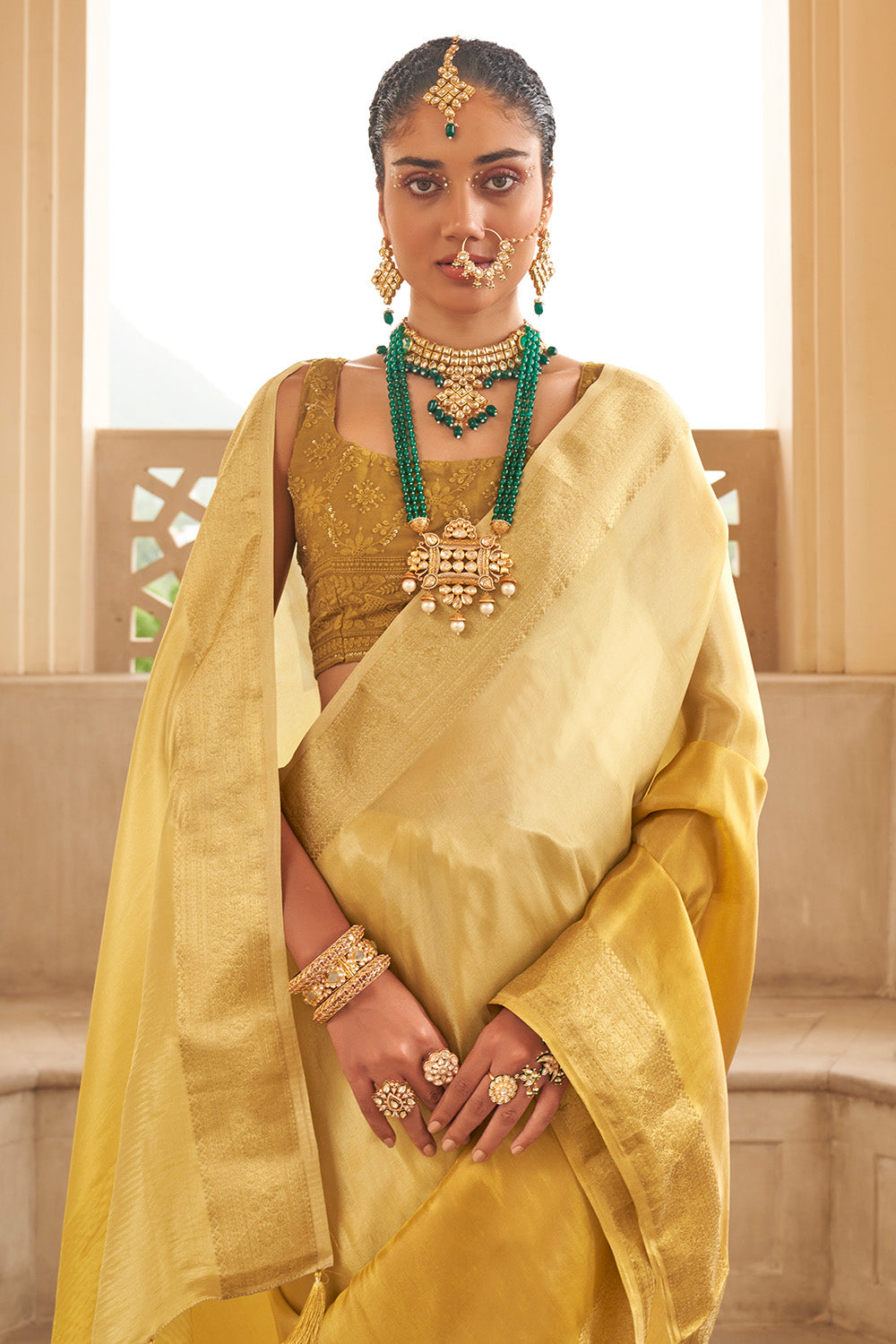 Mustard  Color Organza Silk Woven Saree