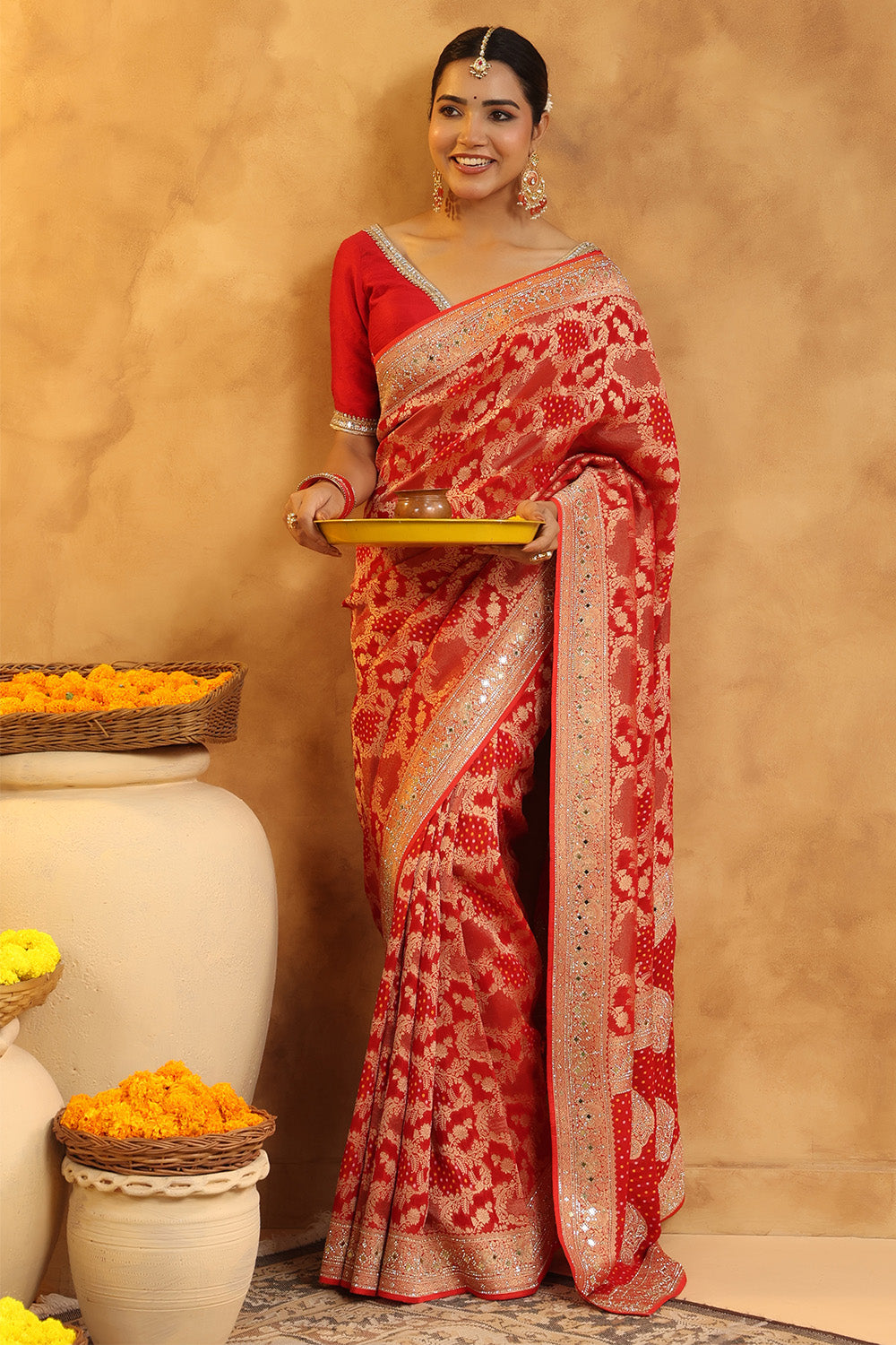 Red Color Khhadi Georgette Woven Saree