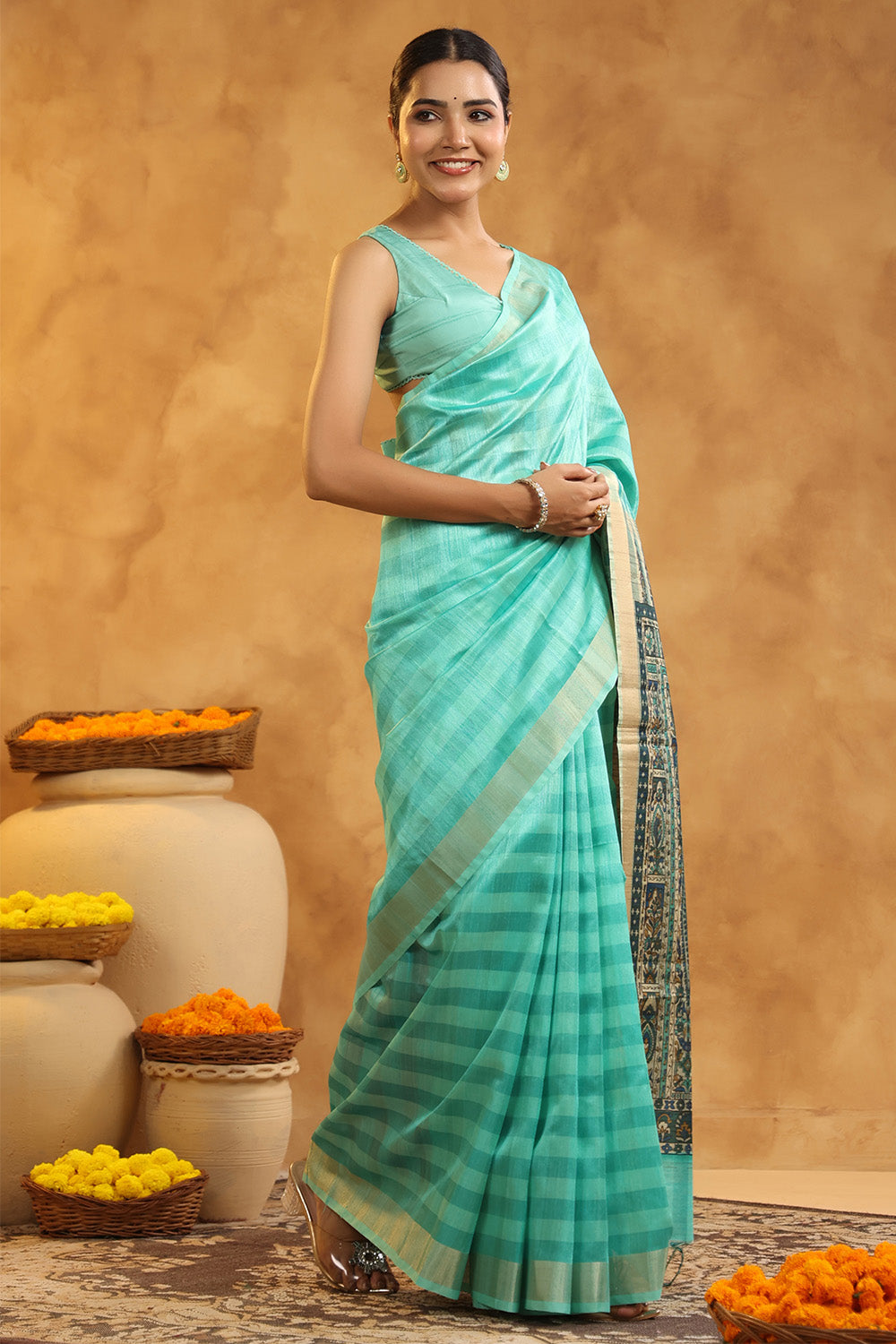 Turquoise Color Cotton Printed Saree