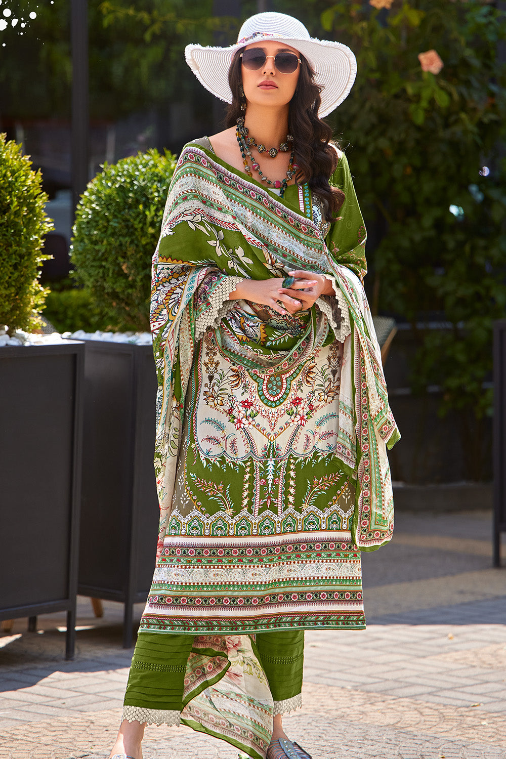 Green Color Digital Printed Spun Unstitched Suit Material