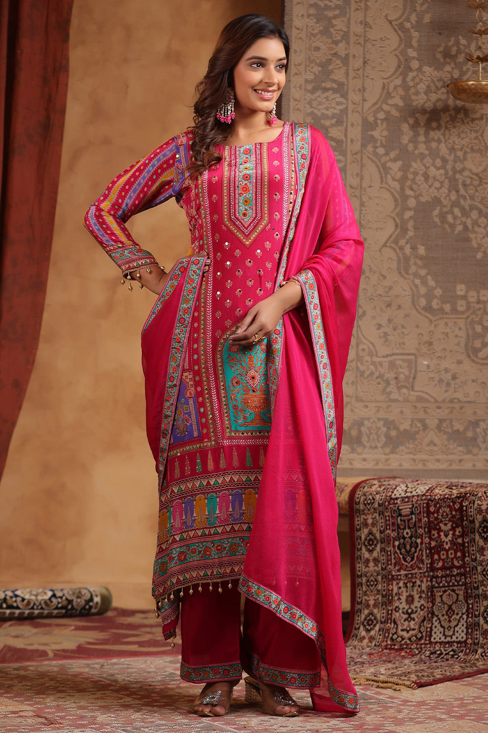 Magenta Pink  Color Crepe Printed Suit