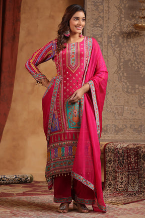 Magenta Pink  Color Crepe Printed Suit