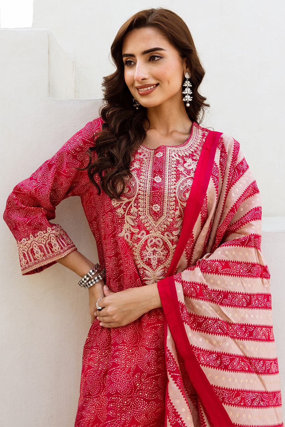 Fuchsia Pink Printed & Neck Embroidered Straight Suit