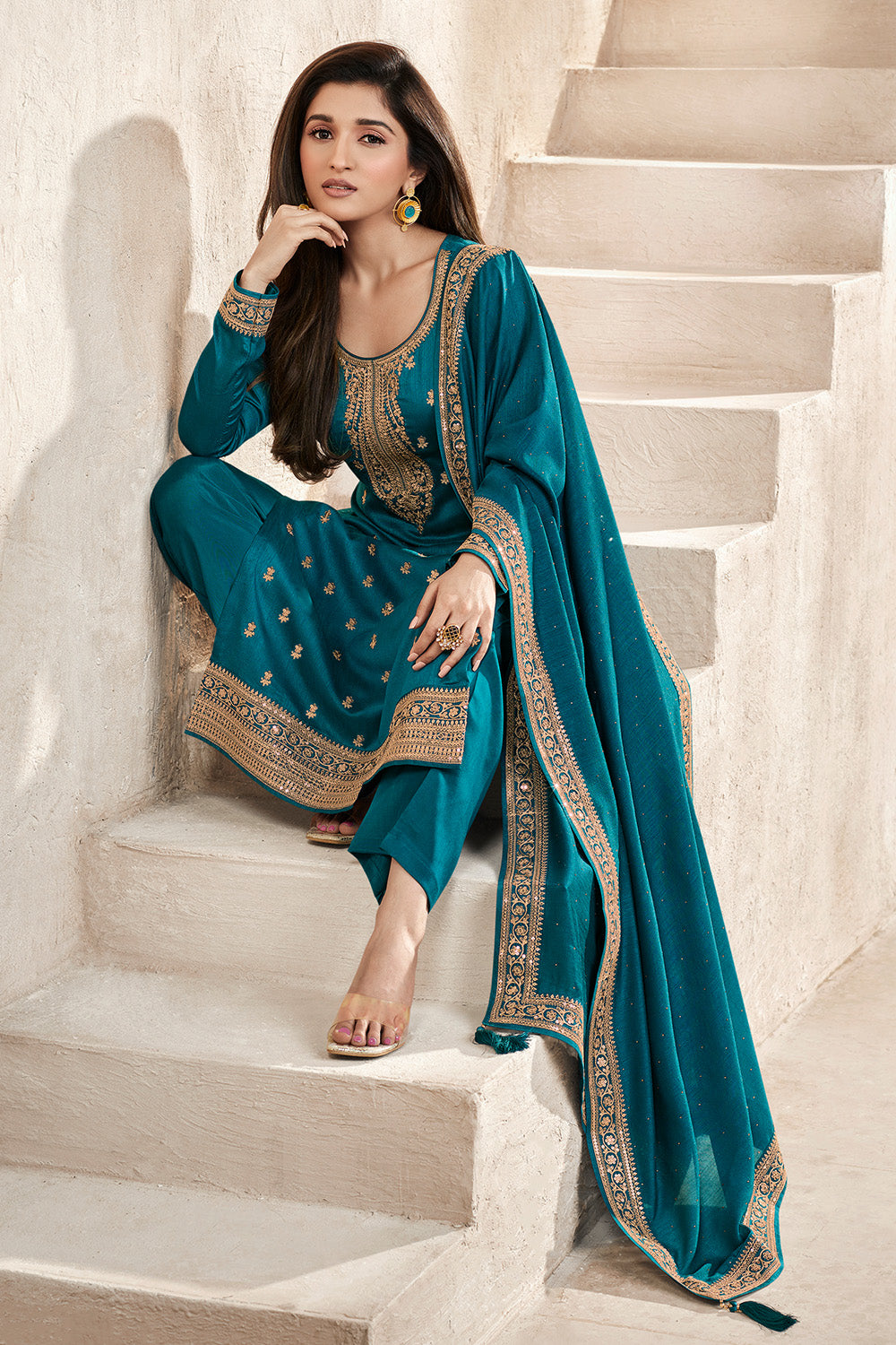 Teal Colour Zari Embroidered Silk Unstitched Suit Material