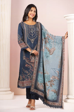 Navy Blue Muslin Printed Straight Suit