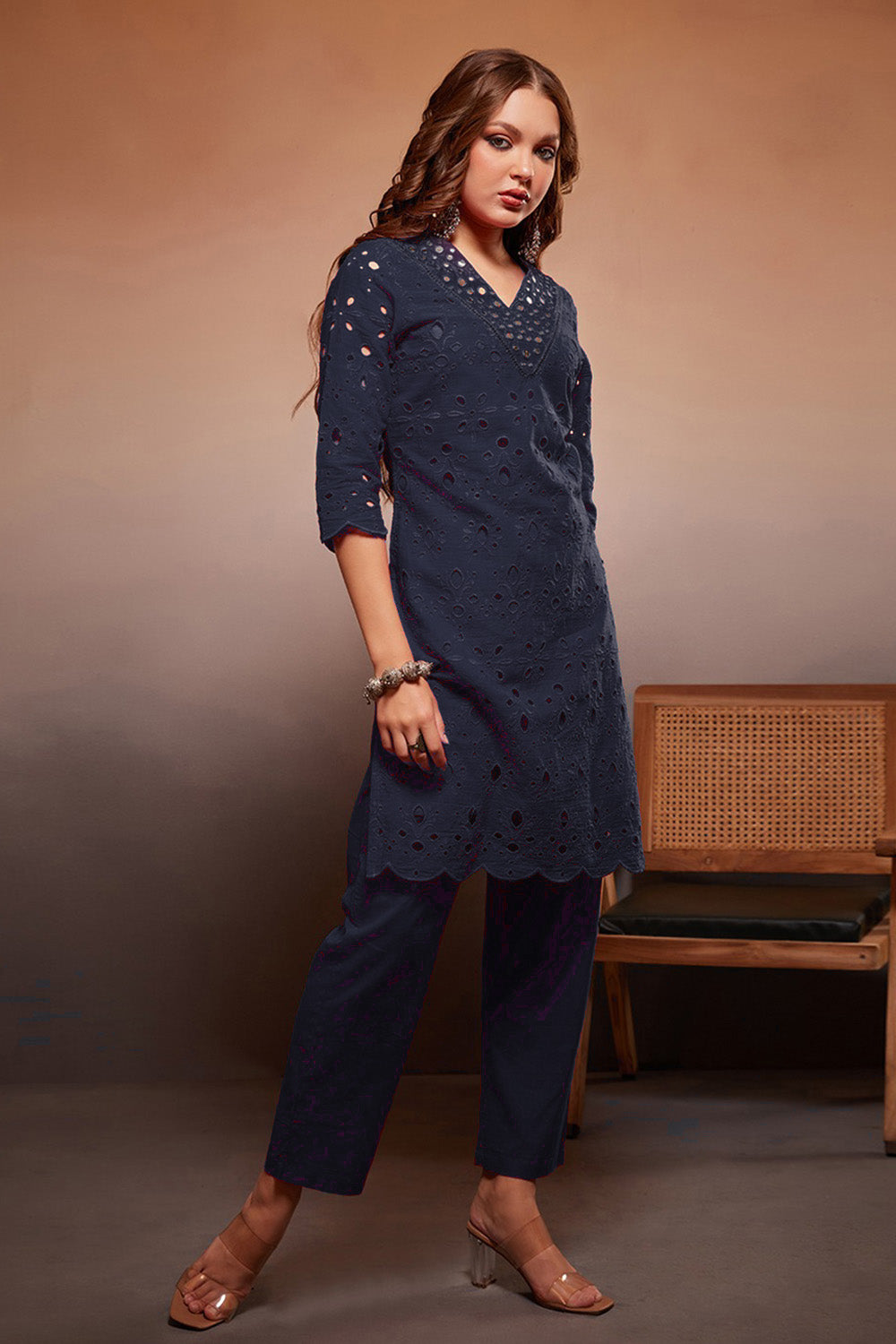 Navy Color Cotton Embroidered Kurta Set