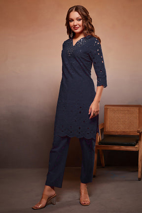 Navy Color Cotton Embroidered Kurta Set