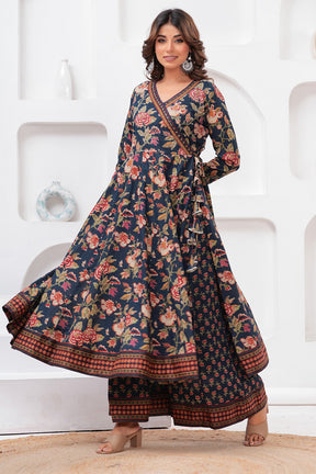 Navy Color Floral Printed Cotton Anarkali Suit With Palazzo