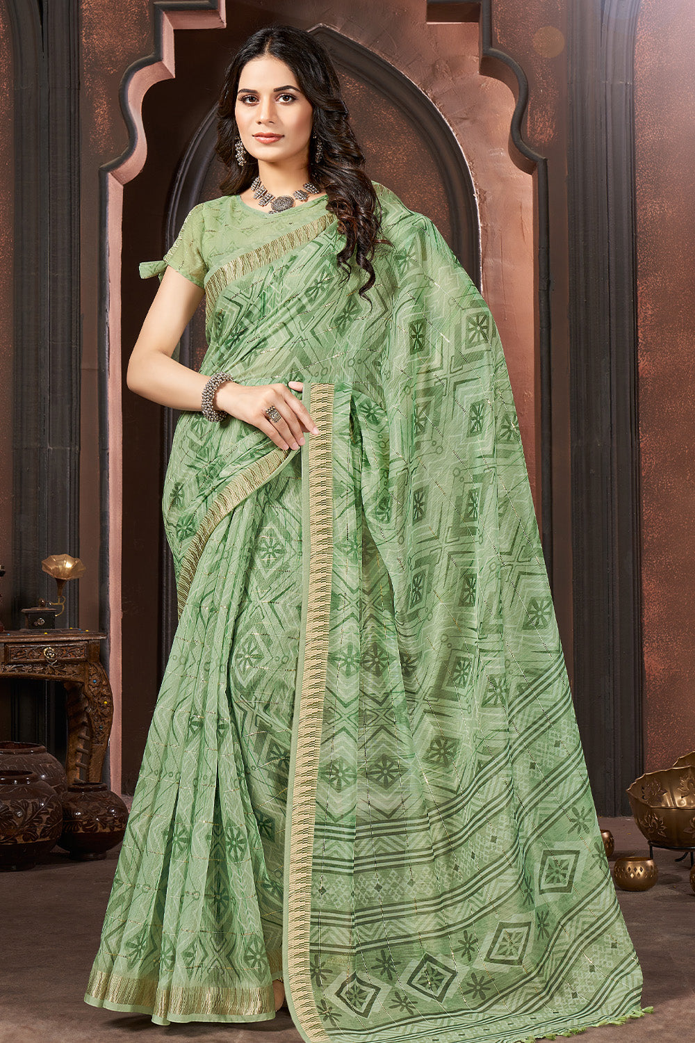 Green Colour Cotton Floral Printed Saree