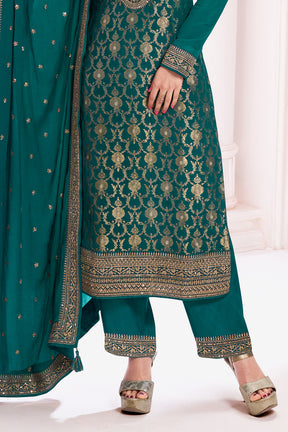 Teal Color Zari Embroidered Banarasi Silk Unstitched Suit Fabric