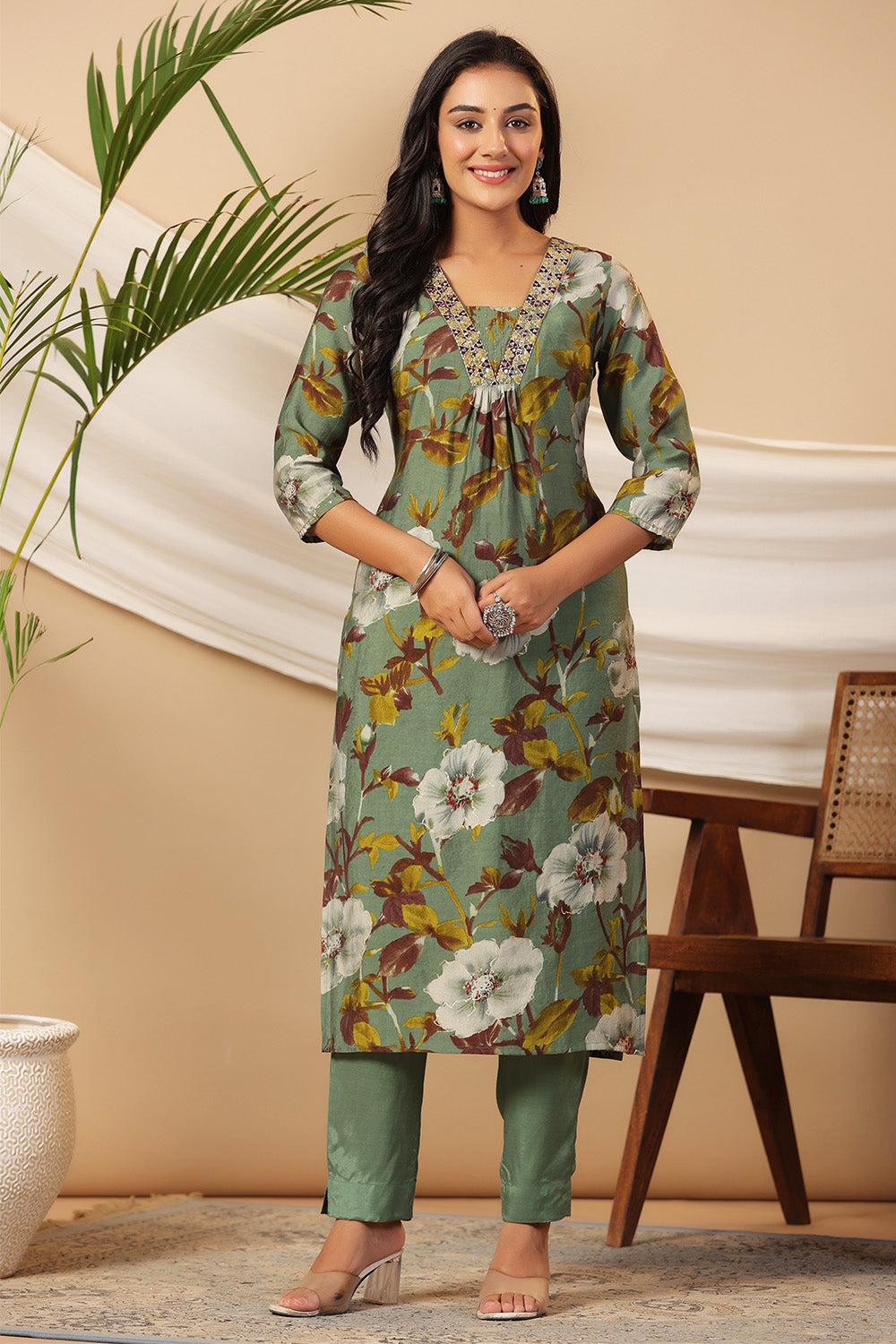 Sage Green Color  Muslin Floral Printed Kurta Set