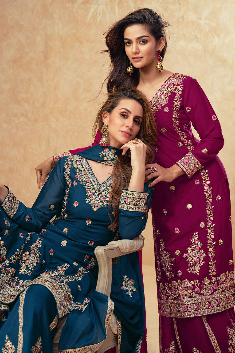 Dark Scarlet Color Crepe Silk Embroidered Suit With Embroidered Palazzo