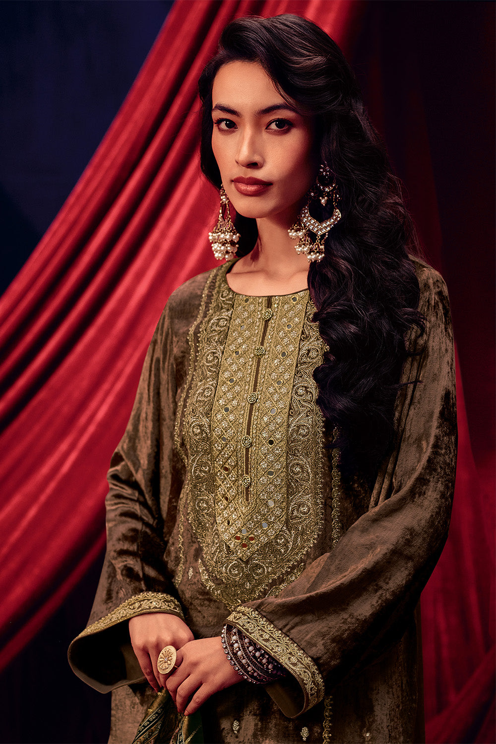 Brown Color Zari Embroidered Velvet Unstitched Suit Fabric