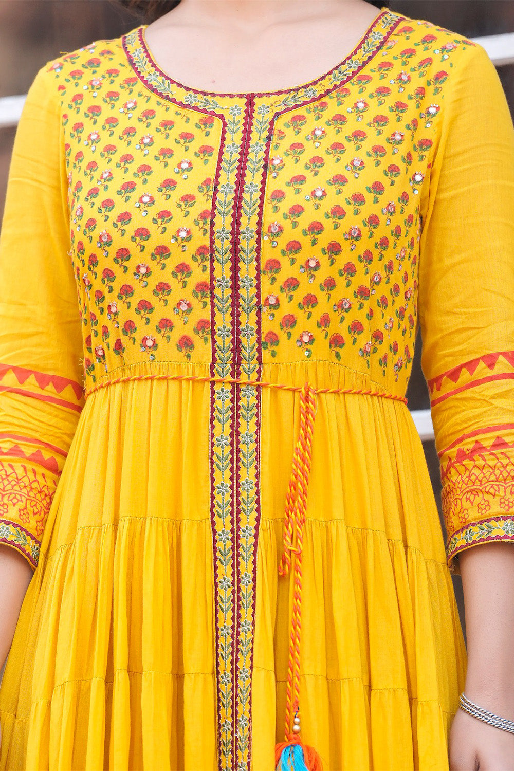 Yellow Color Cotton Printed Anarkali Kurti