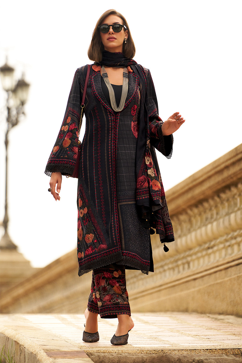 Black Color Spun Fabric Printed Unstitched Suit