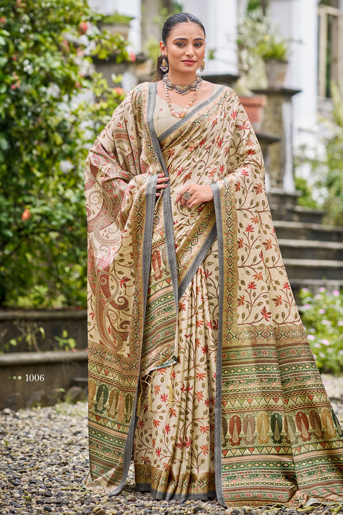 Beige Color Floral Printed Pashmina Saree With Matching Shawl